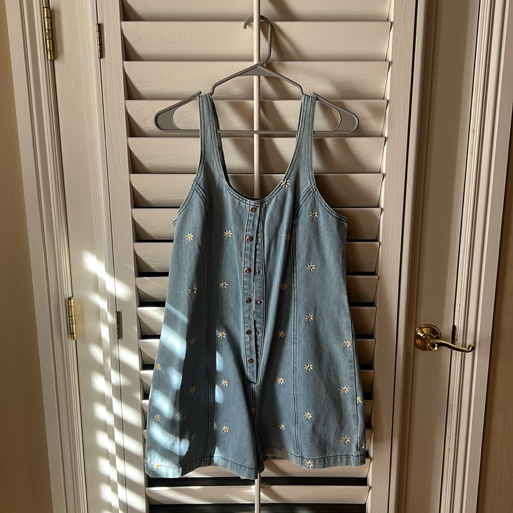 Button up romper, tank top, denim with flowers all over